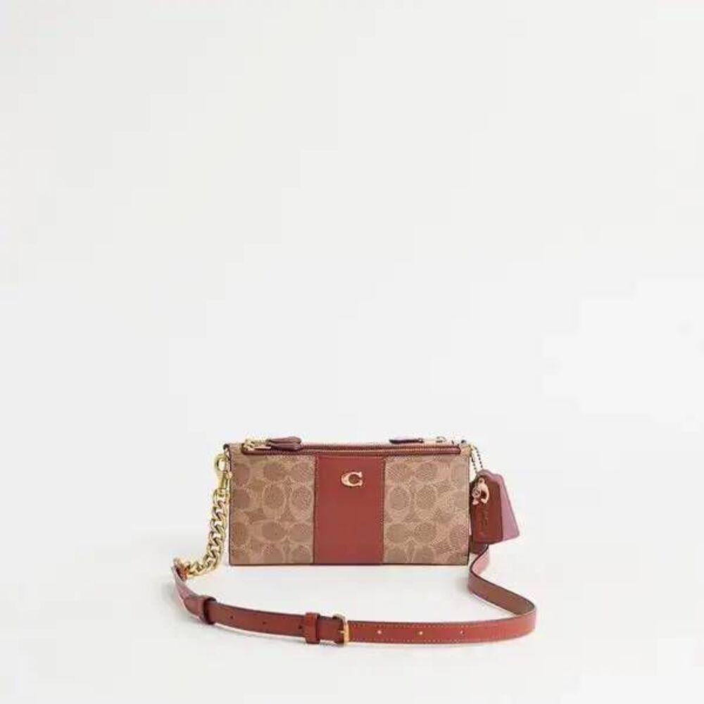 COACH Womens Signature Coated Canvas Wallet On Chain Crossbody Tan Brown OS NWOT